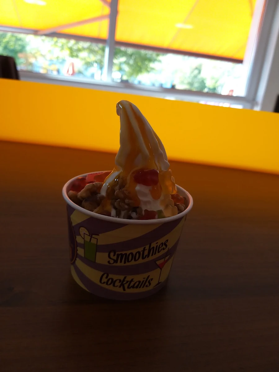 Large Frozen Yogurt With Walnut Kiwi Gummi Bears And Mango Sauce
