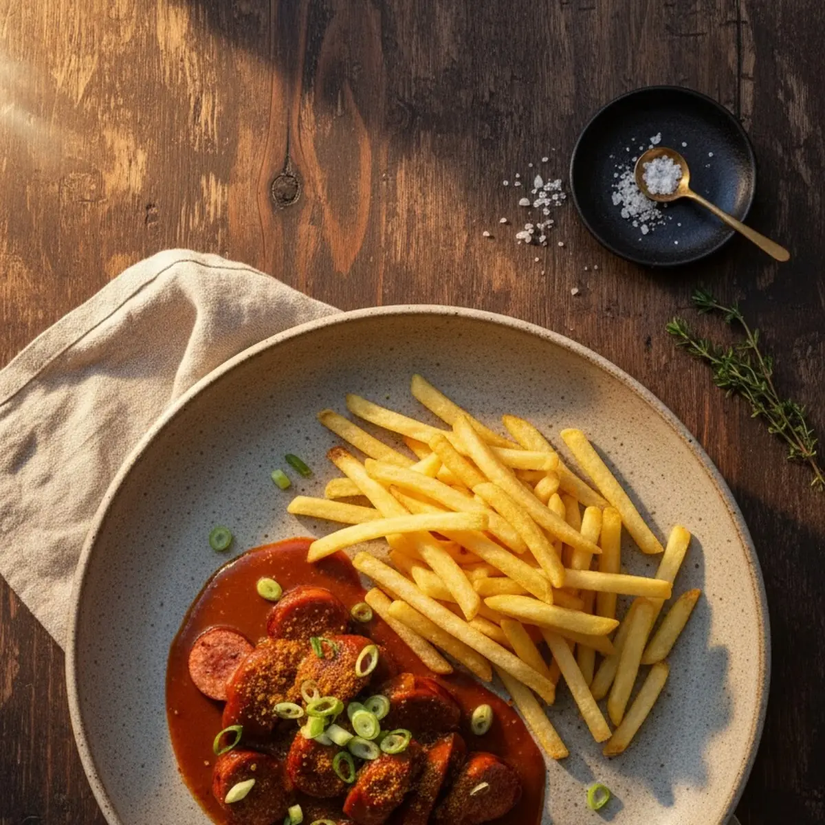 Rote Currywurst Mit Pommes Frites
