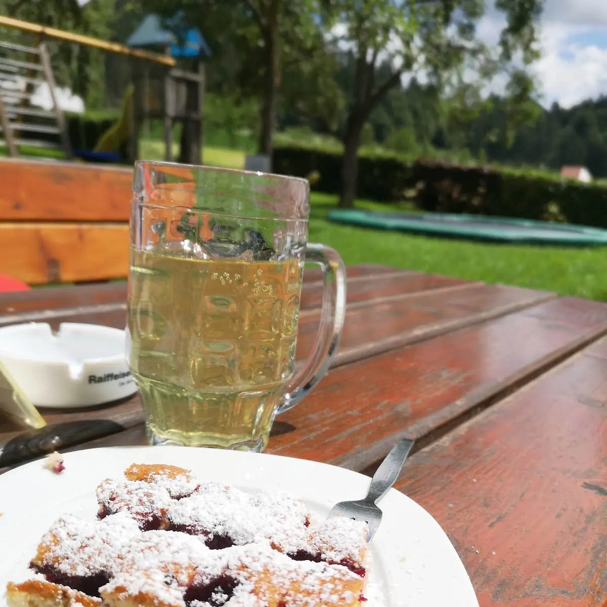 Gespritzter Most Und Blaubeerkuchen