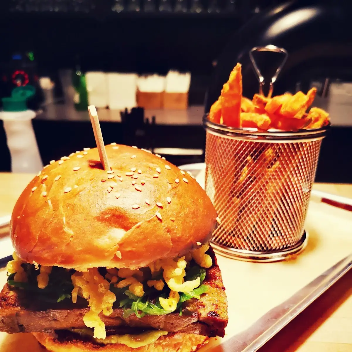 Seitan Burger with Sweet Potato Fries