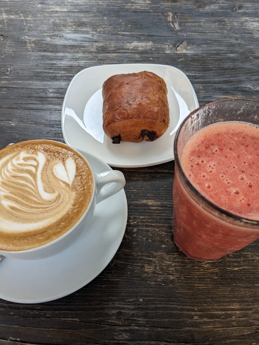 Large Cappuccino Pain Au Chocolate Pineapple Cherry Smoothie