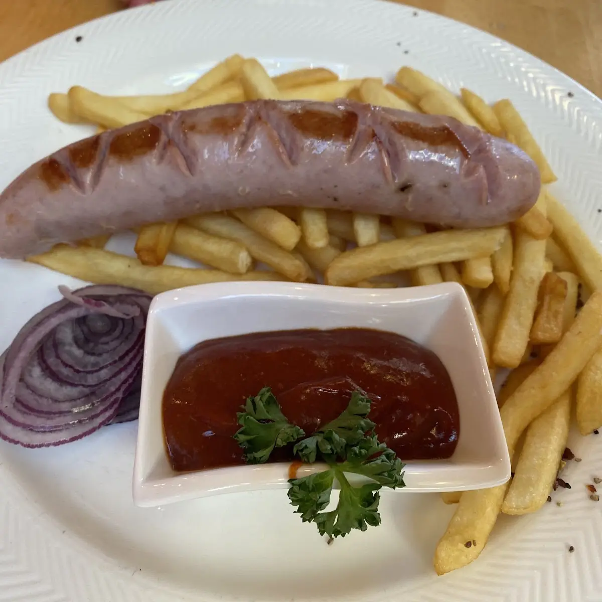 Grilled Sausages with Fries and Ketchup