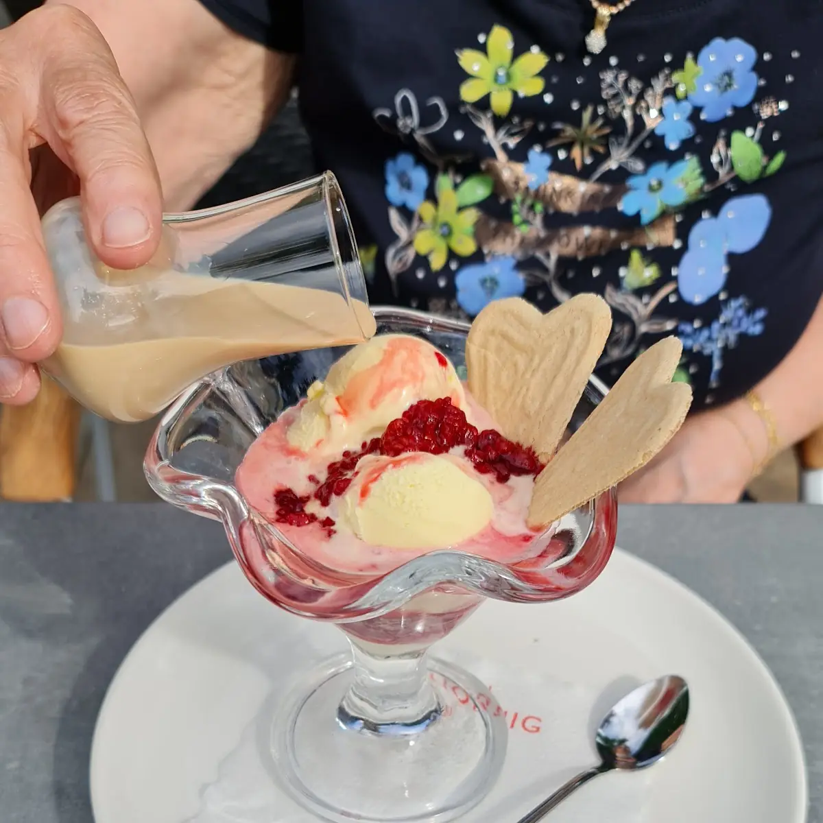 Vanille Und Erdbeer Eis Mit Waffeln