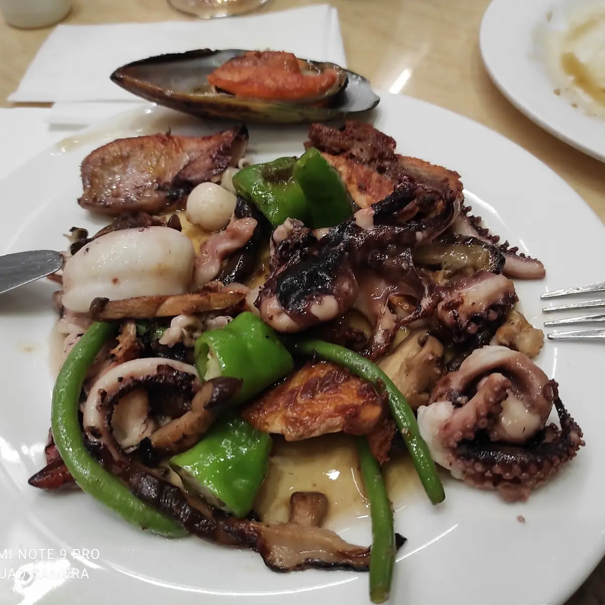 Tepanyaki Grilled Squid and Fish with Mushrooms and Vegetables