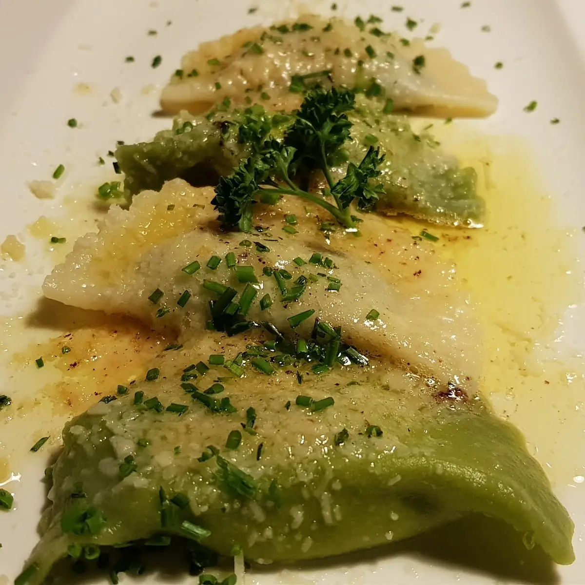Schlutzkrapfen Mit Spinat Topfen Und Graukase Gefüllt Serviert Mit Brauner Butter Und Parmesan