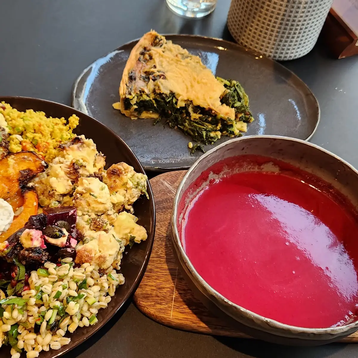 Spinach Quiche Beetroot Soup and Mix of Healthy Bean Lentils Etc