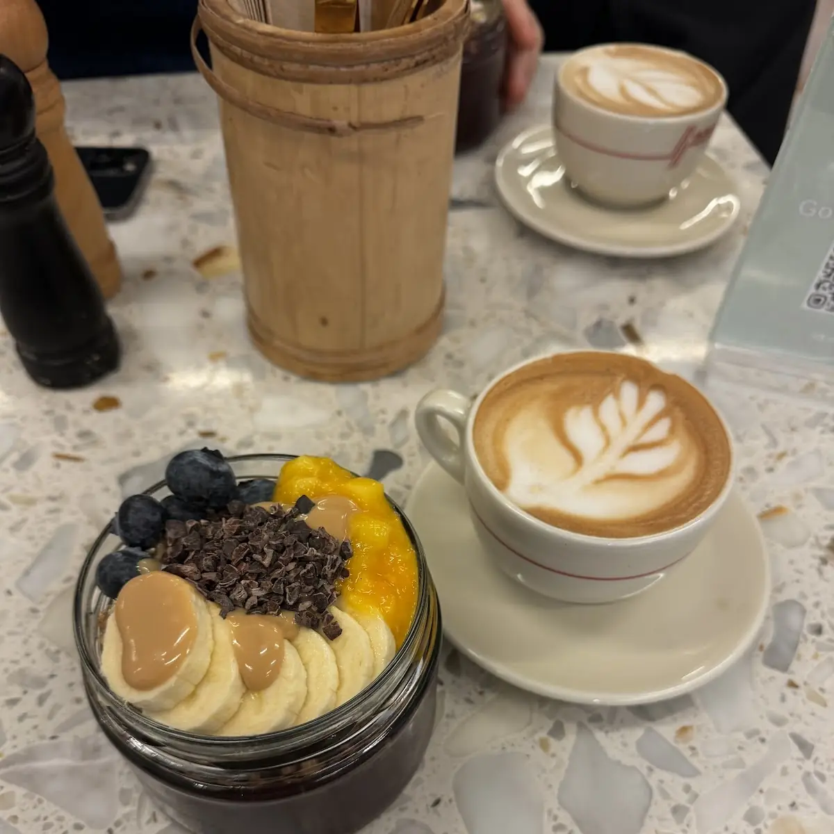 Loaded Acai Bowl with Cacao NIPS Instead of Coco Flakes Cappuccino with Rice Coconut Milk