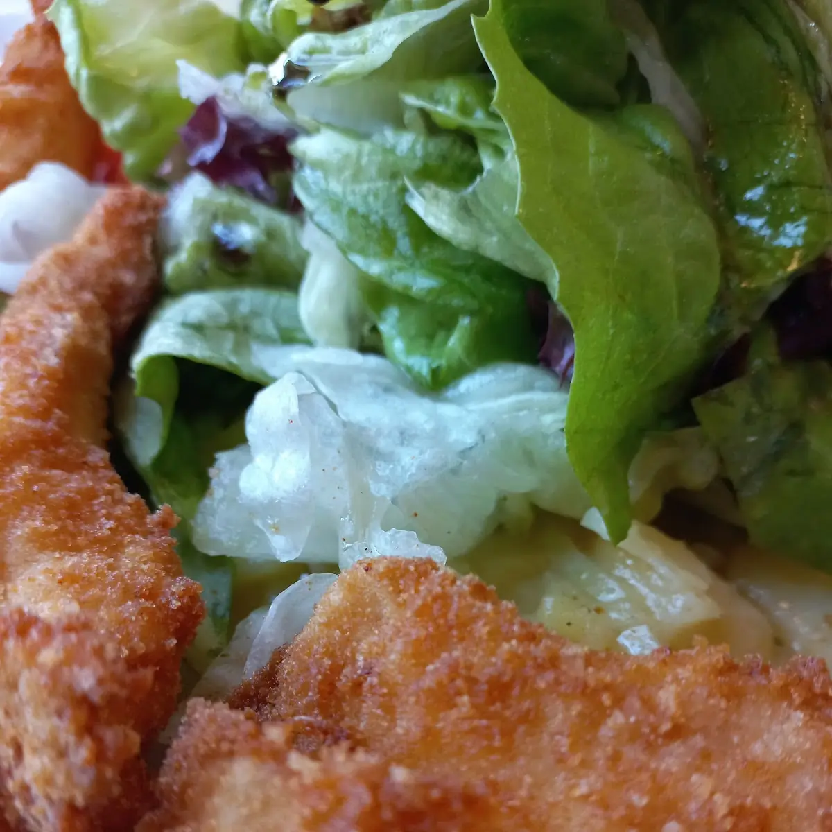 Backhendelstreifen Auf Kartoffel- Und Grünem Salat