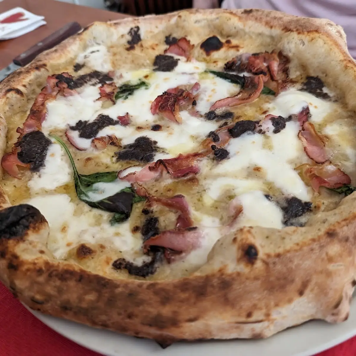 Pizza Mit Speck Crema Di Porcini Mozzarella Di Bufala Crema Di Tartufo