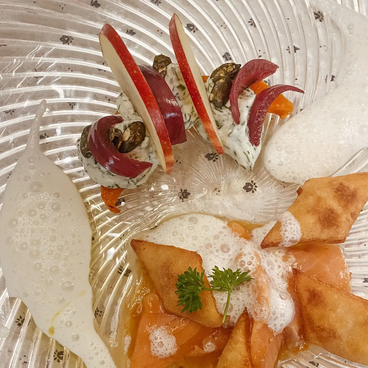 Ceviche Kartoffelkrapferl Apfel Zwiebel
