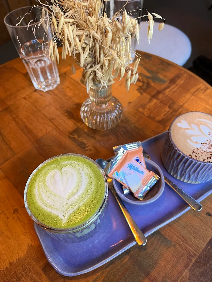Left Matcha Latte with Coconut Cream Right Chestnut Cappuccino