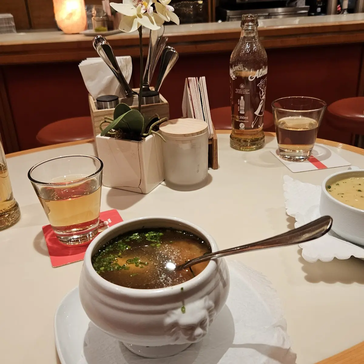 Bouillon with Bacon Dumpling or Dumpling Made of Spicy Cheese