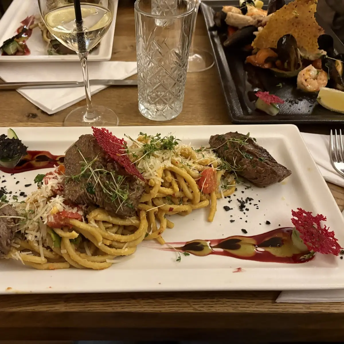 Steak with Spaghetti Carbonara Pasta