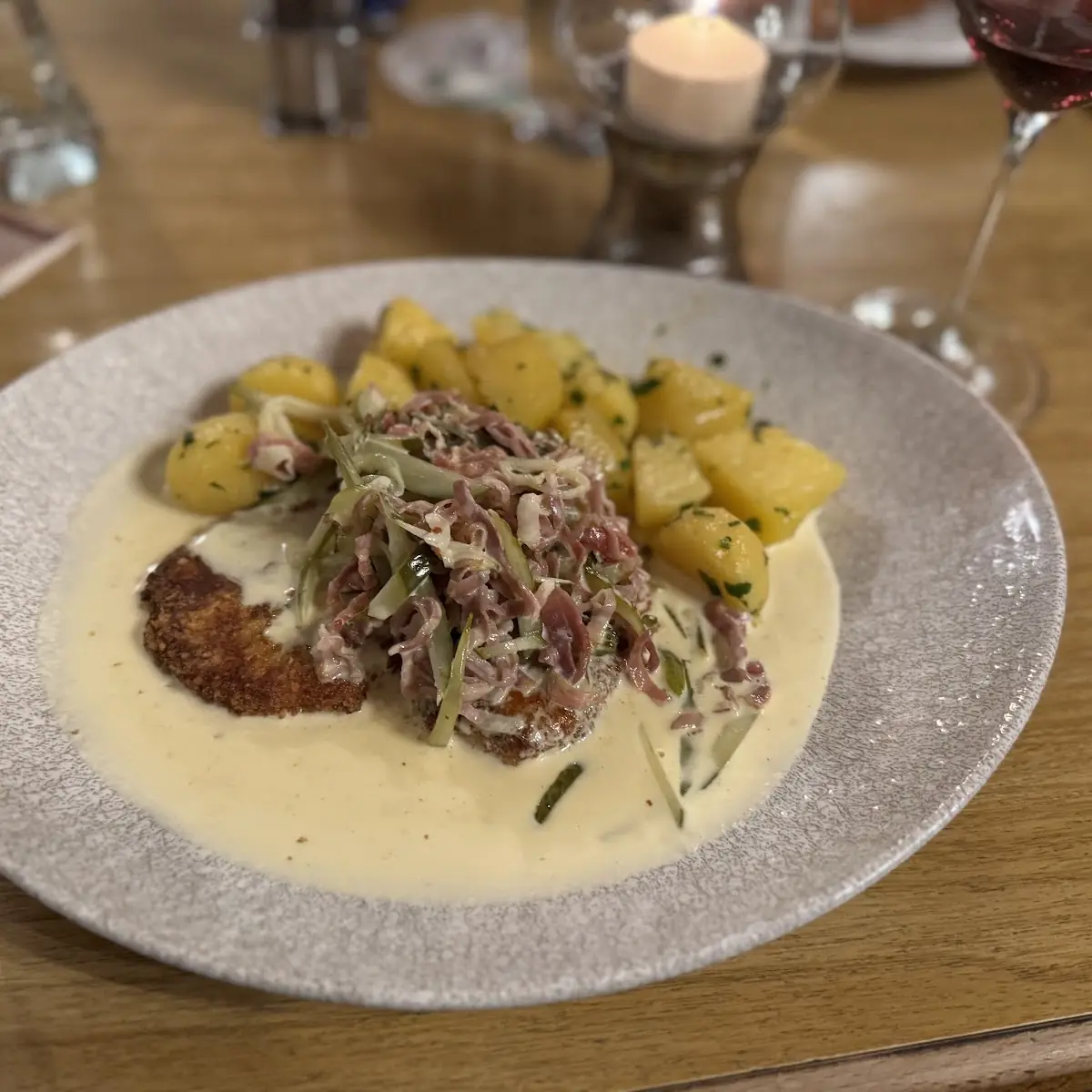 Cheese Crusted Pork Filet with Cream Sauce and Parsley Potatos
