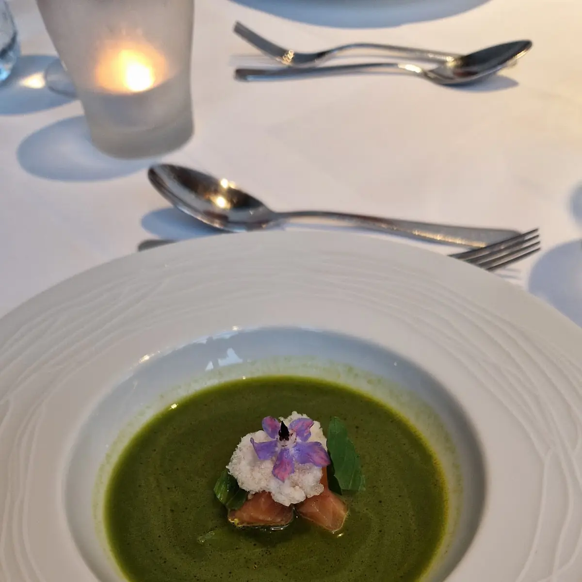 Geeiste Basilikumgazpacho Melone Lachsforelle