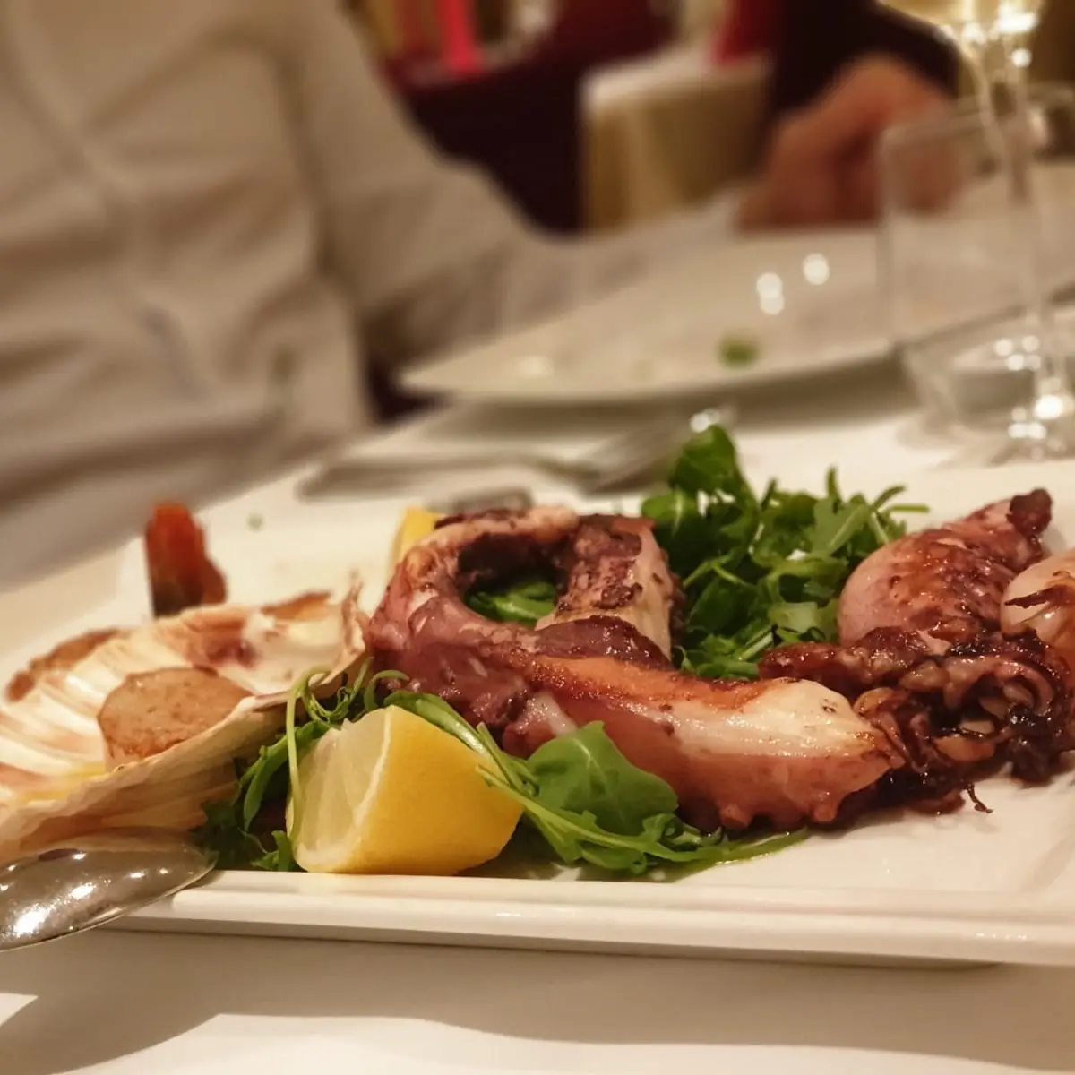 Grilled Octopus Tentacle & Scallops with Truffled Potato Purée