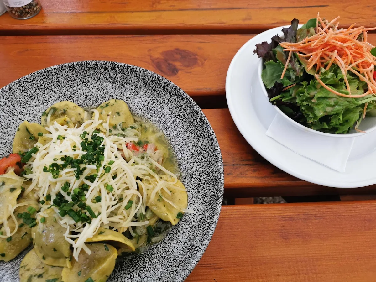 Wild Boar Ravioli with Homemade Herbal Pesto Hard Cheese and Salad