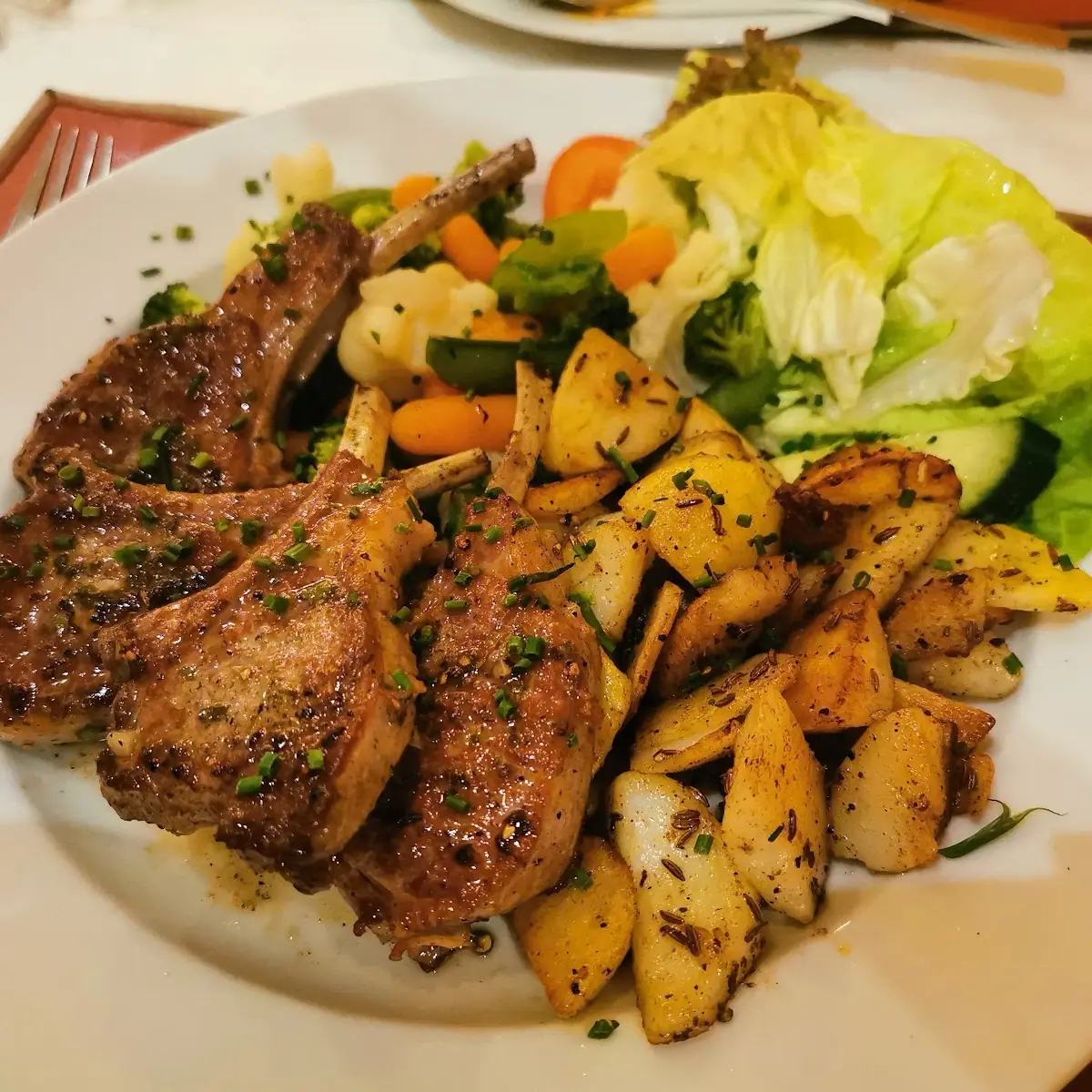 Lamb Cutlet Grilled with Vegetables and Roast Potatoes