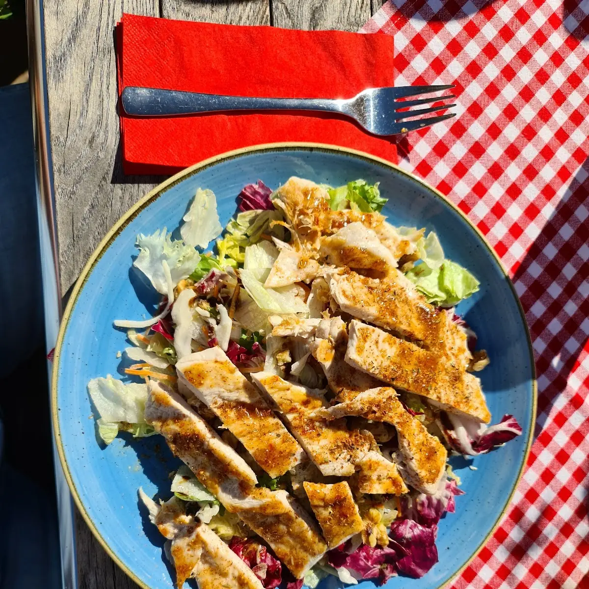 Gegrillte Hühnerstreifen Auf Buntem Salat Mit Feigensenf