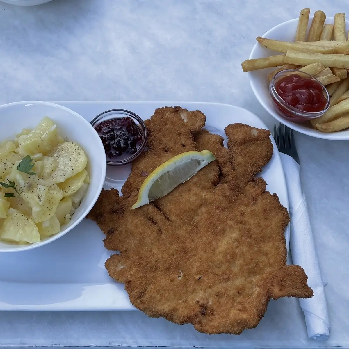 Schnitzel Mit Kartoffelsalat Und Pommes