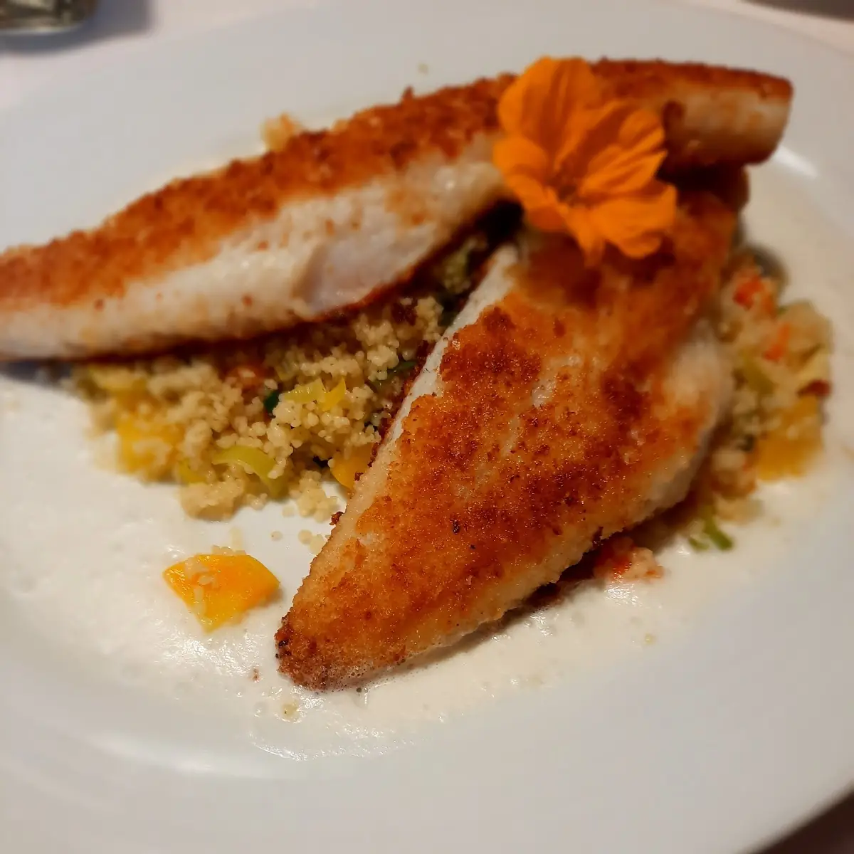 Zander Auf Gemüse Couscous In Weissweinsauce