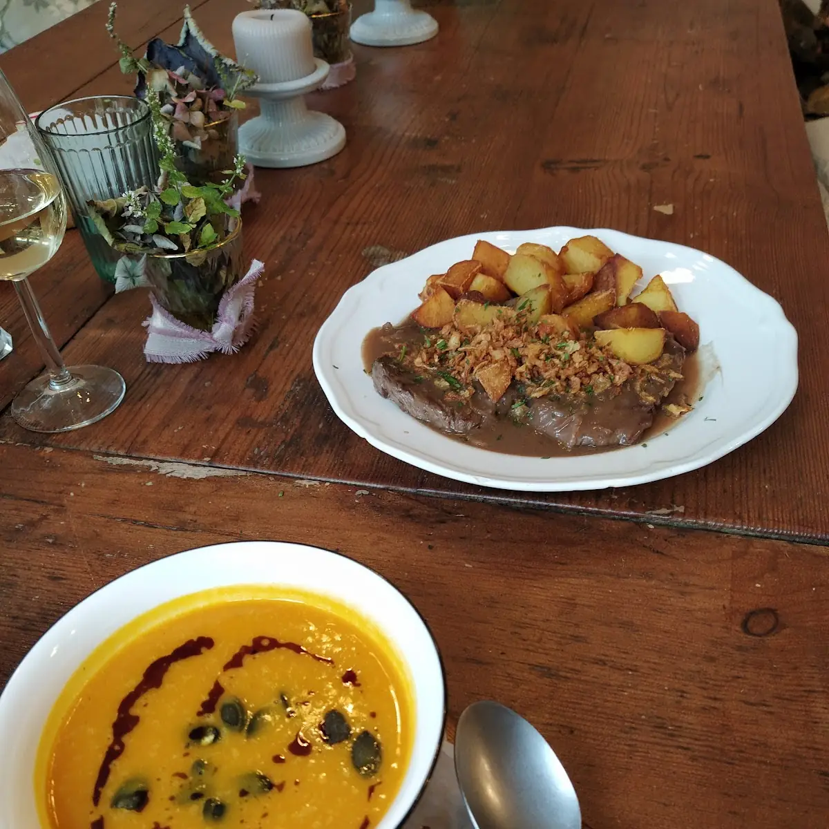 Kürbis Soup And Pork Stew