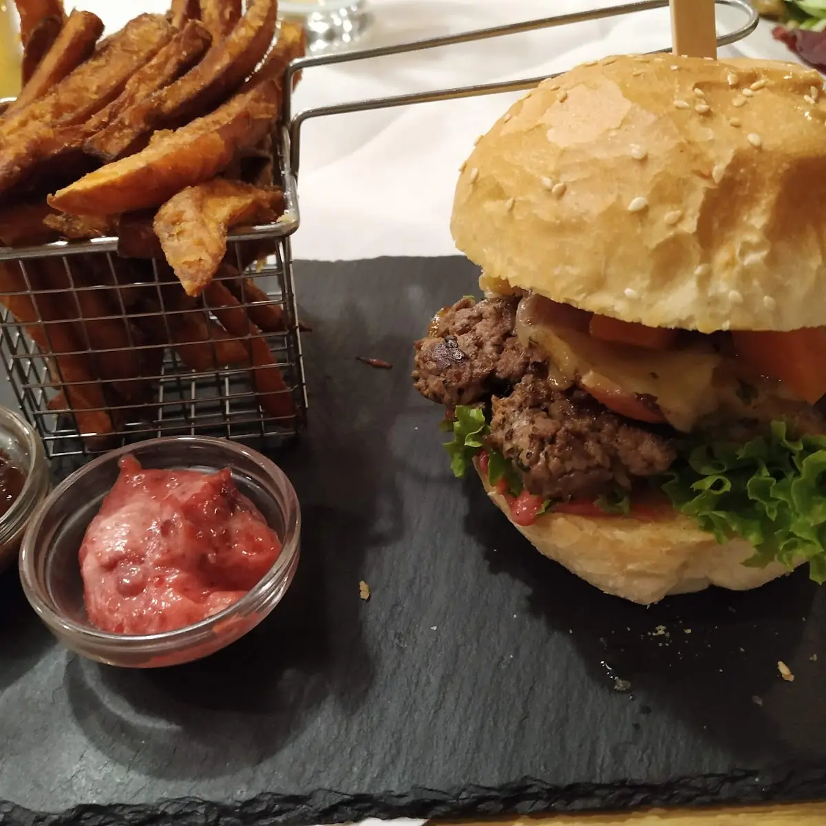 Deer Burger and Sweet Potato Fries