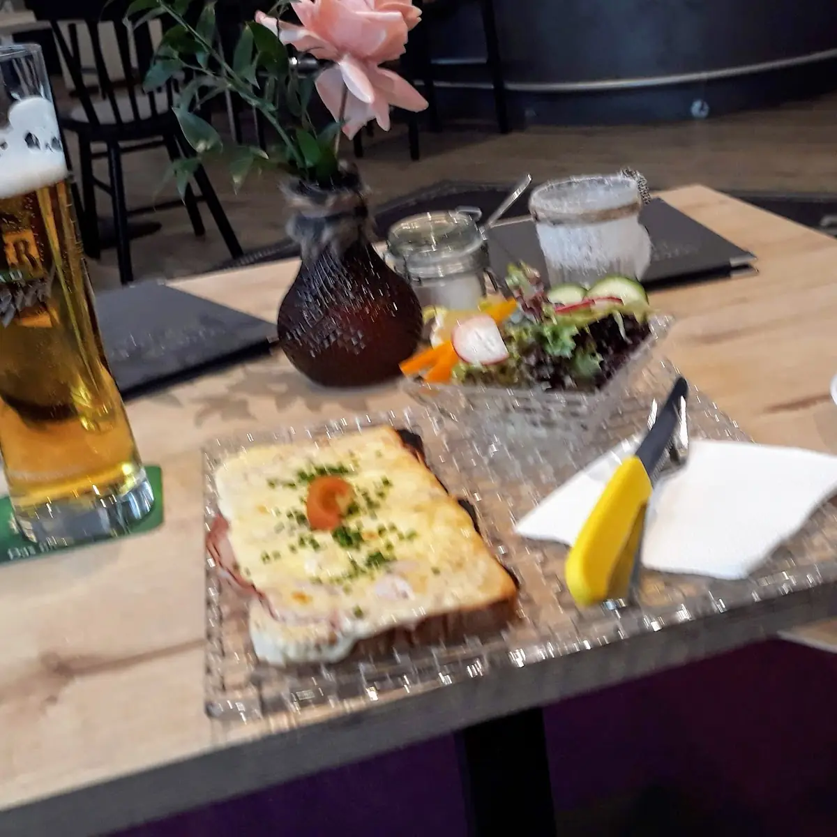 Ham and Cheese Toastie with Beer and Coffee