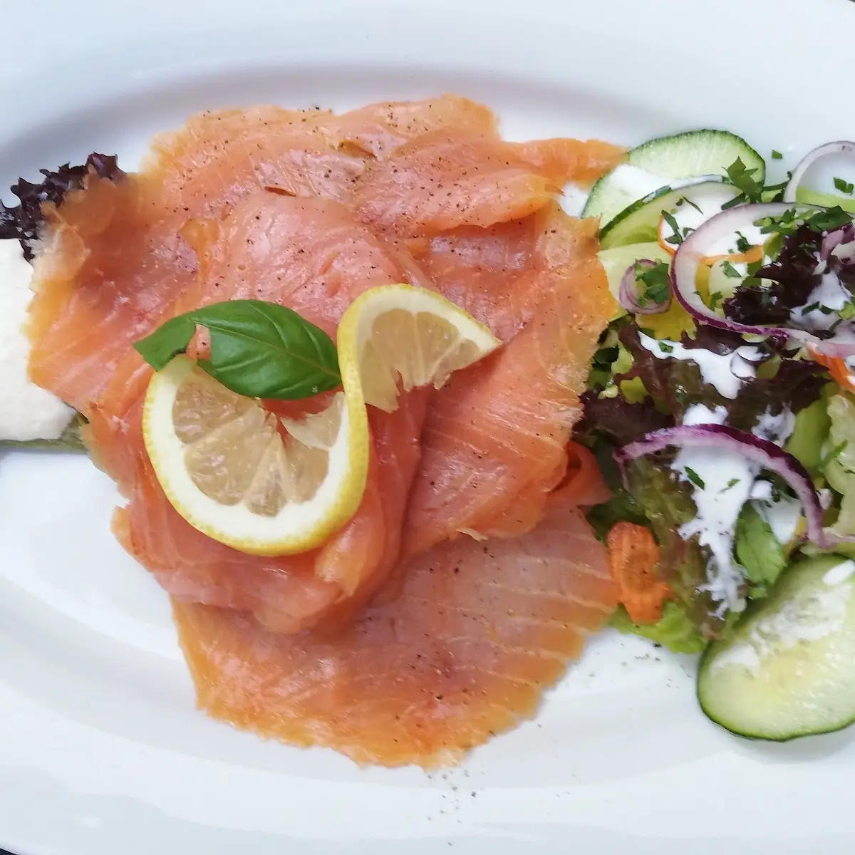 Smoked Salmon with Potato Pancakes Salad and Horseradish