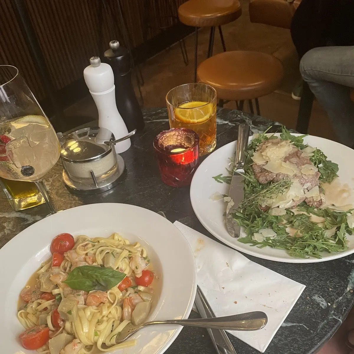 Shrimp Pasta Dish & Beef with Arugula