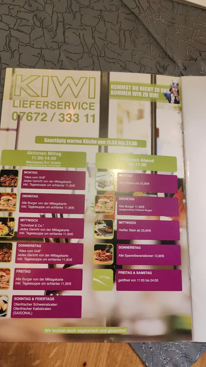 Speisekarte, KIWI Restaurant