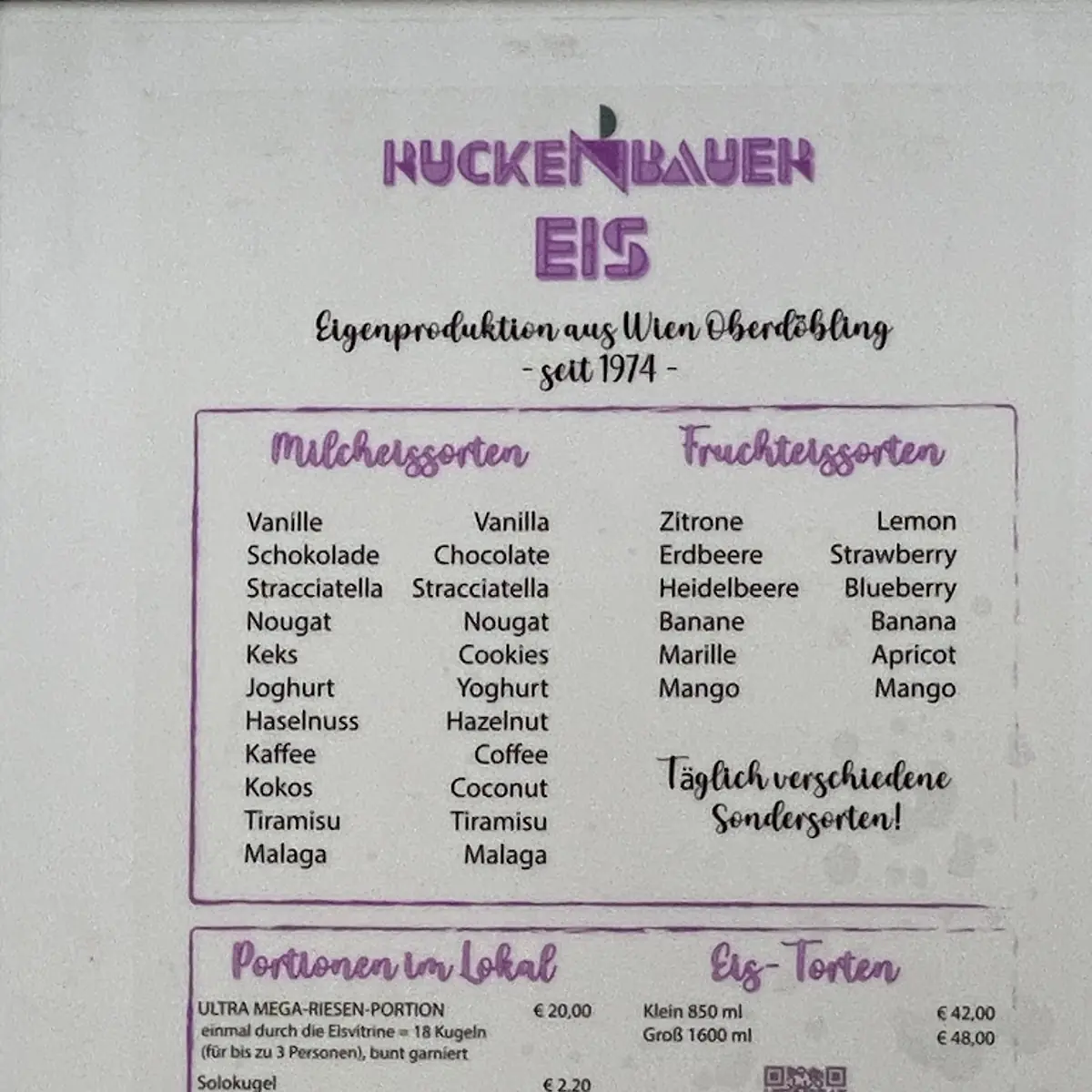 Speisekarte, Eissalon Ruckenbauer