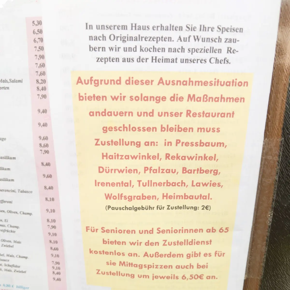 Speisekarte, Pizzeria-Ristorante Danijele