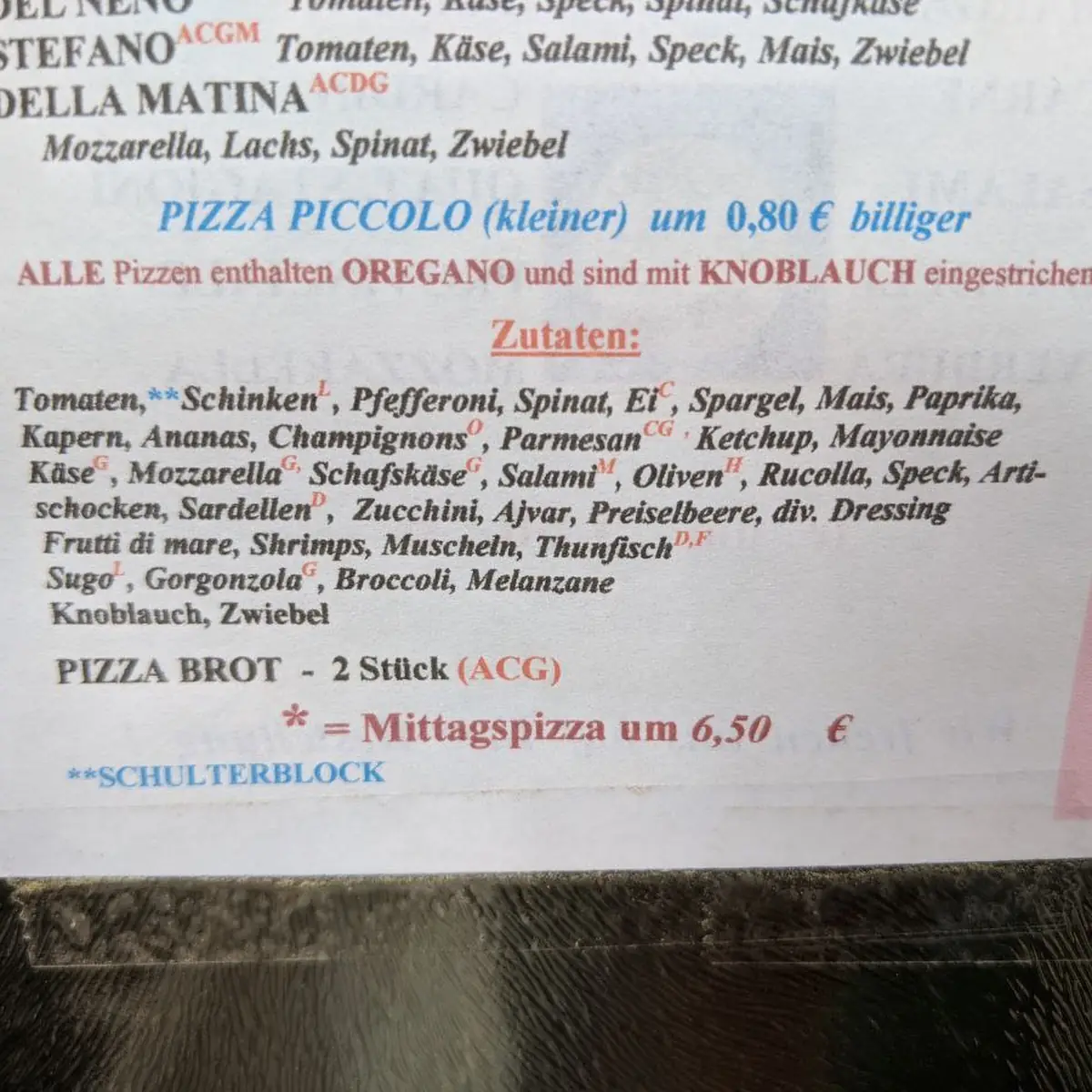 Speisekarte, Pizzeria-Ristorante Danijele