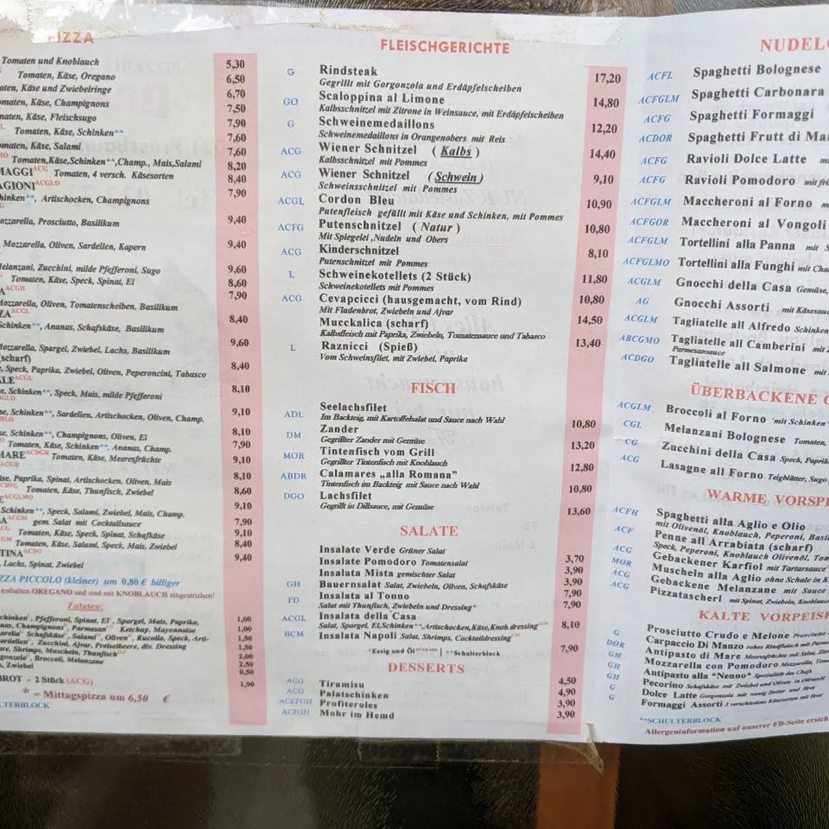 Speisekarte, Pizzeria-Ristorante Danijele