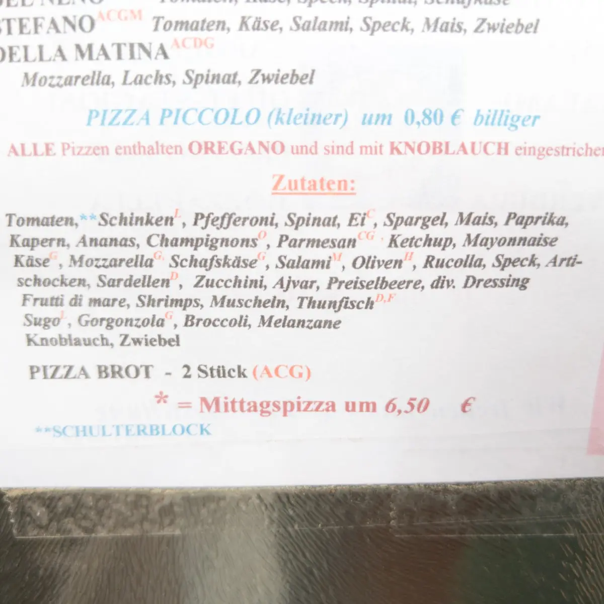 Speisekarte, Pizzeria-Ristorante Danijele