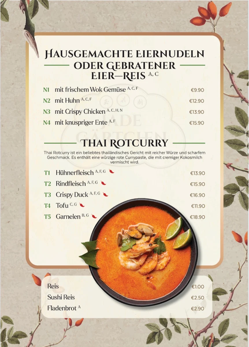 Speisekarte, Jade Gärtchen Asia Cuisine & Cafe