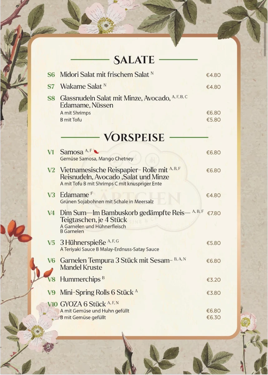 Speisekarte, Jade Gärtchen Asia Cuisine & Cafe