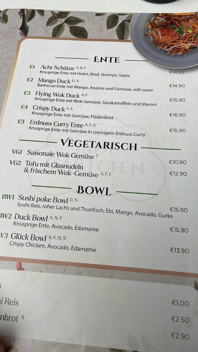 Speisekarte, Jade Gärtchen Asia Cuisine & Cafe