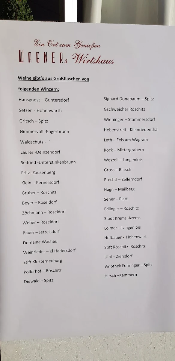 Speisekarte, Wagners Wirtshaus