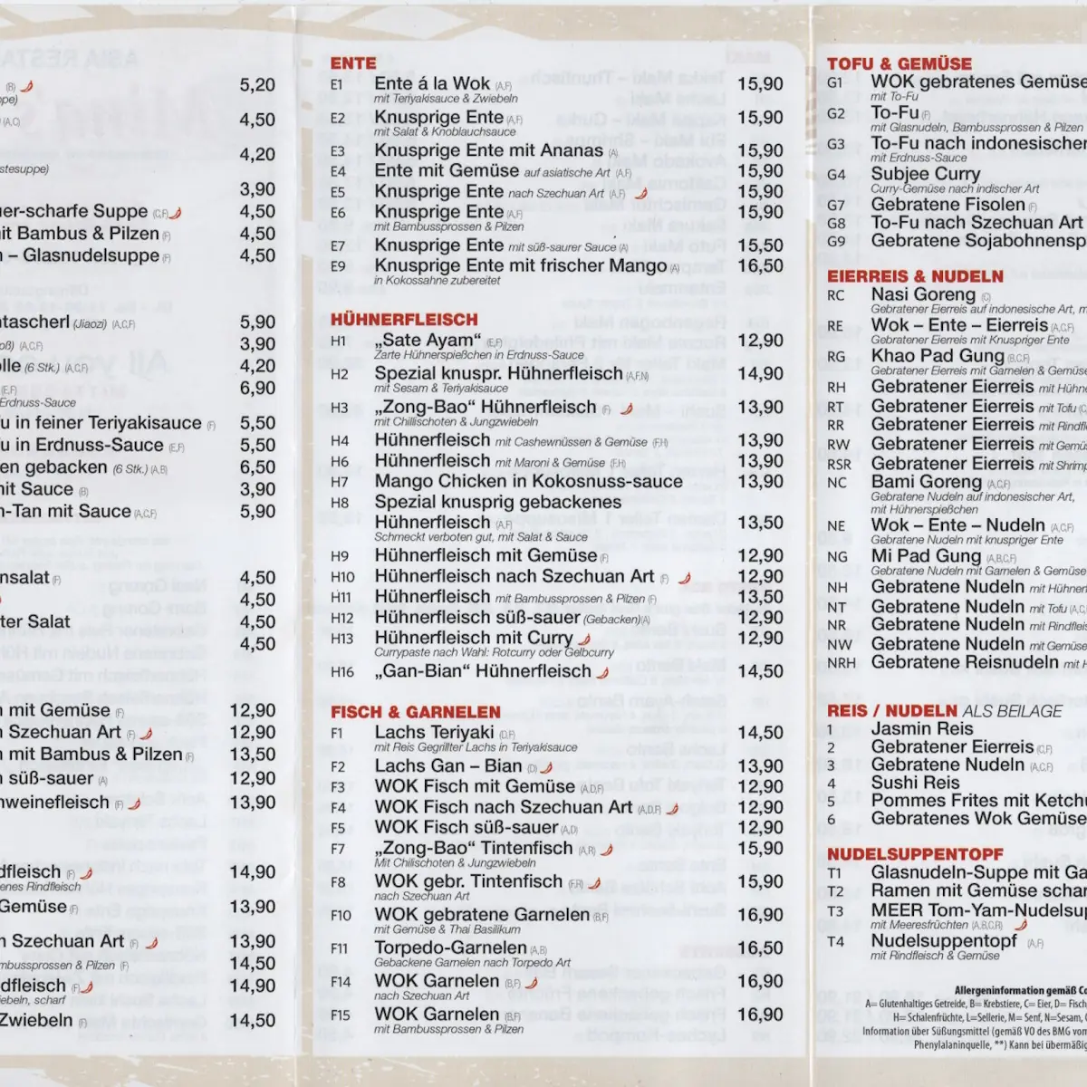 Speisekarte, Ming‘s Wok