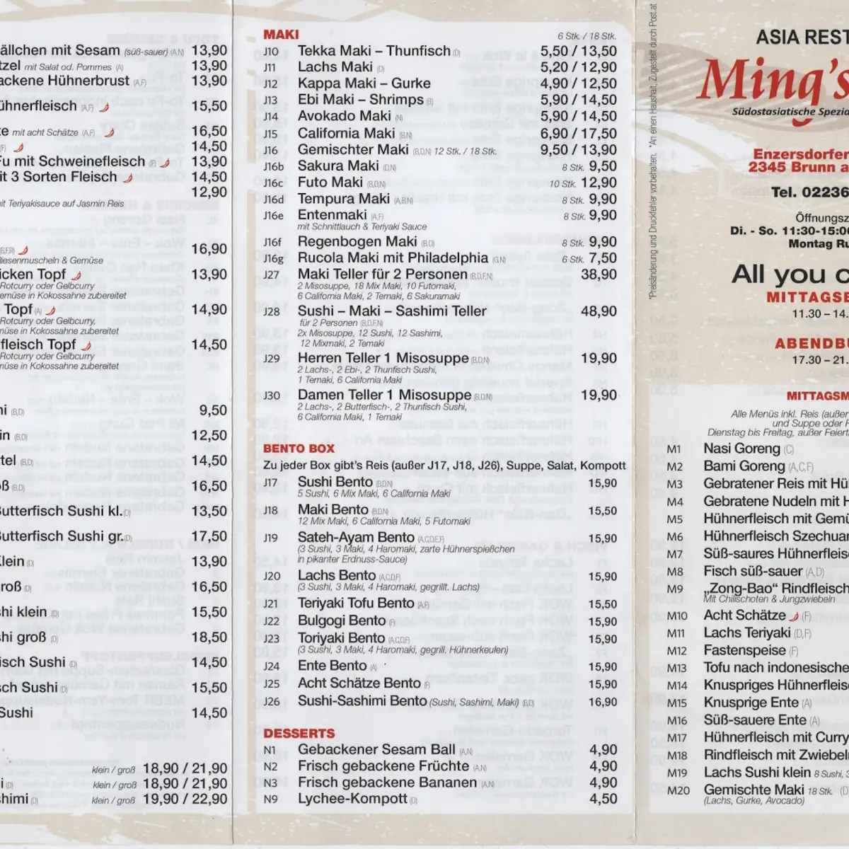 Speisekarte, Ming‘s Wok