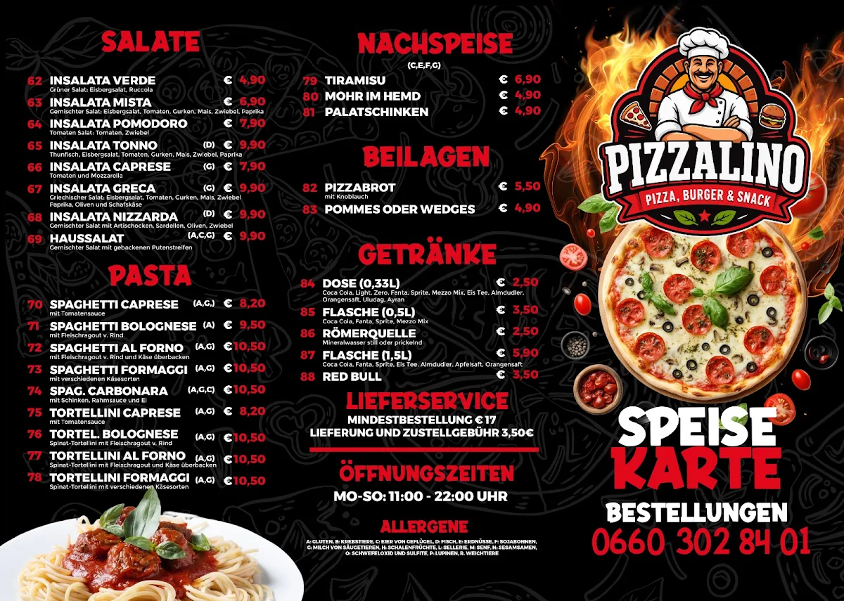 Speisekarte, Pizzalino Hallein