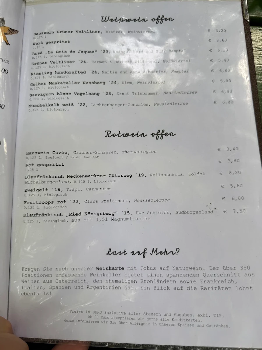 Speisekarte, Glacis Beisl