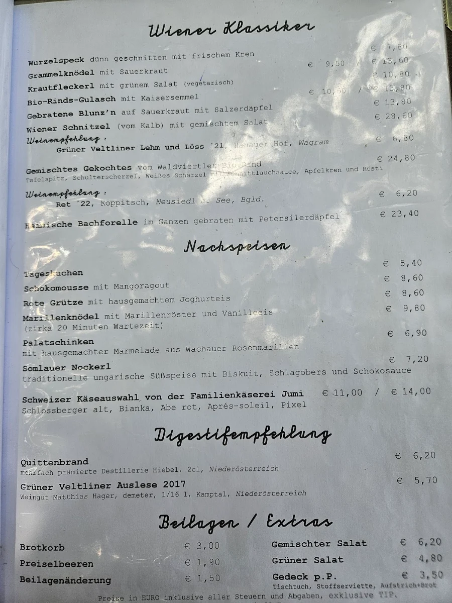 Speisekarte, Glacis Beisl