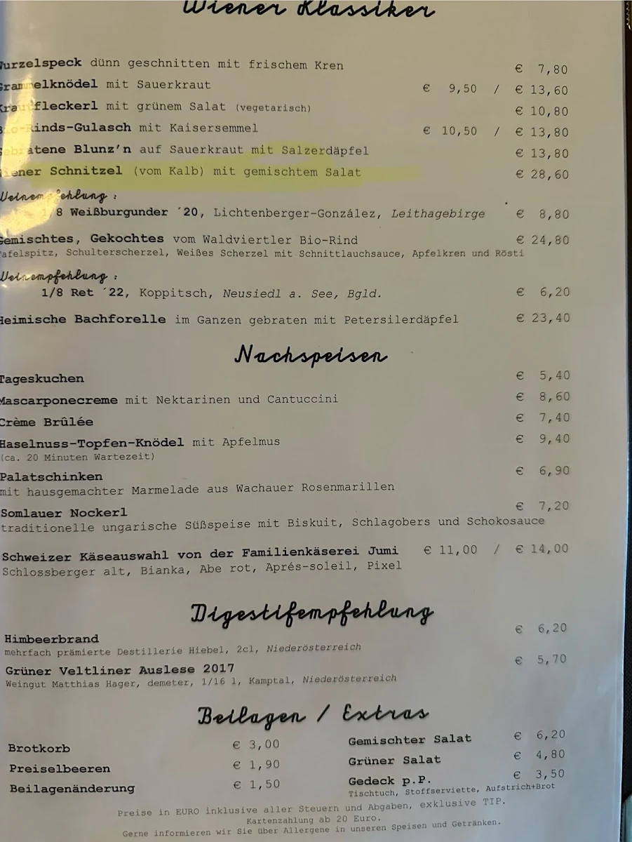 Speisekarte, Glacis Beisl