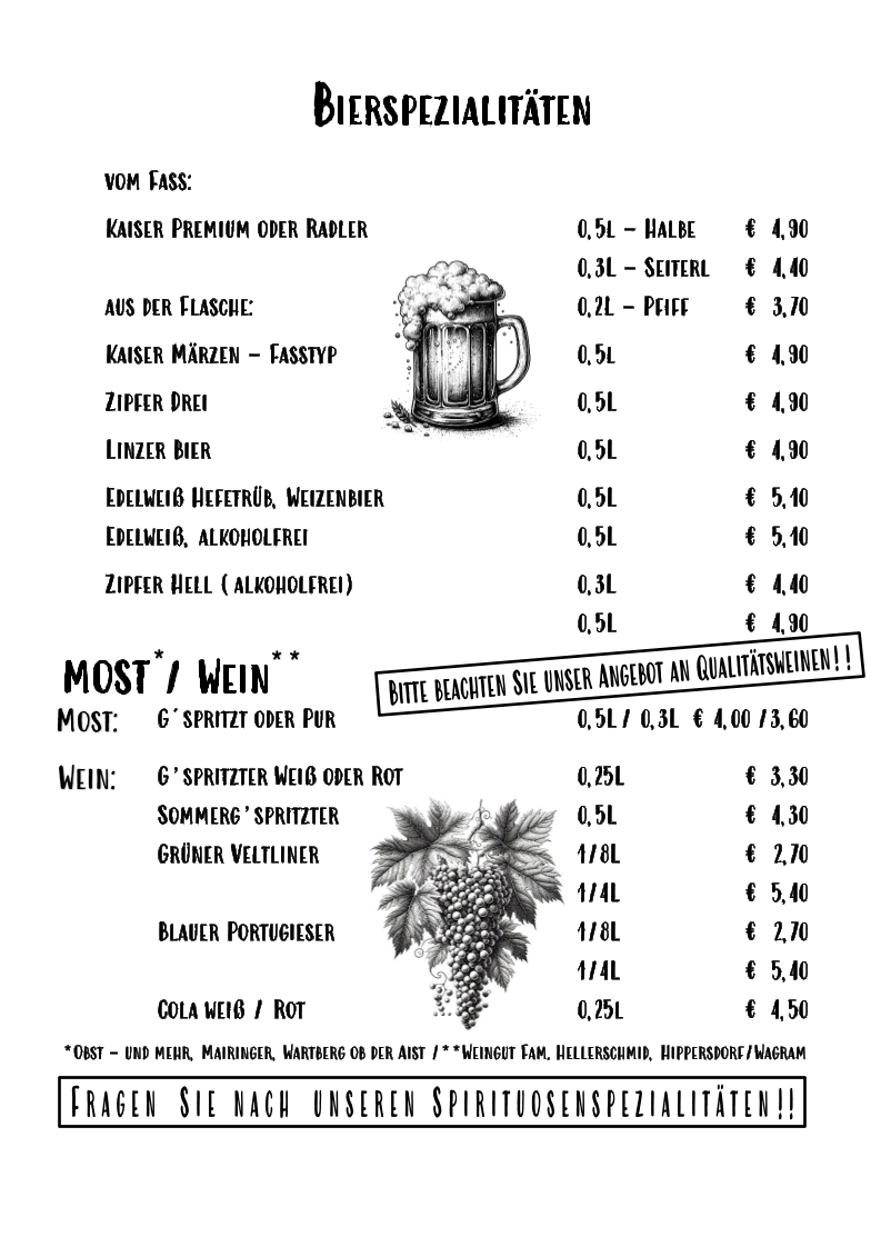 Speisekarte, Gusenhütt'n OG