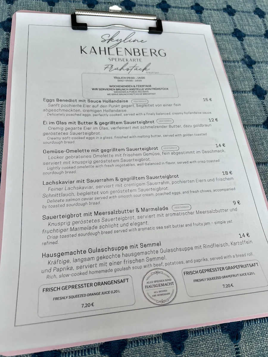 Speisekarte, Skyline Lounge Restaurant Kahlenberg