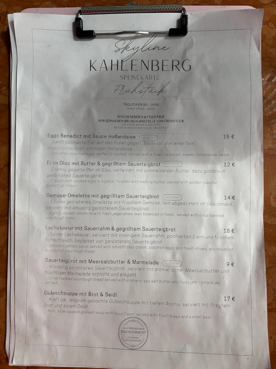 Speisekarte, Skyline Lounge Restaurant Kahlenberg
