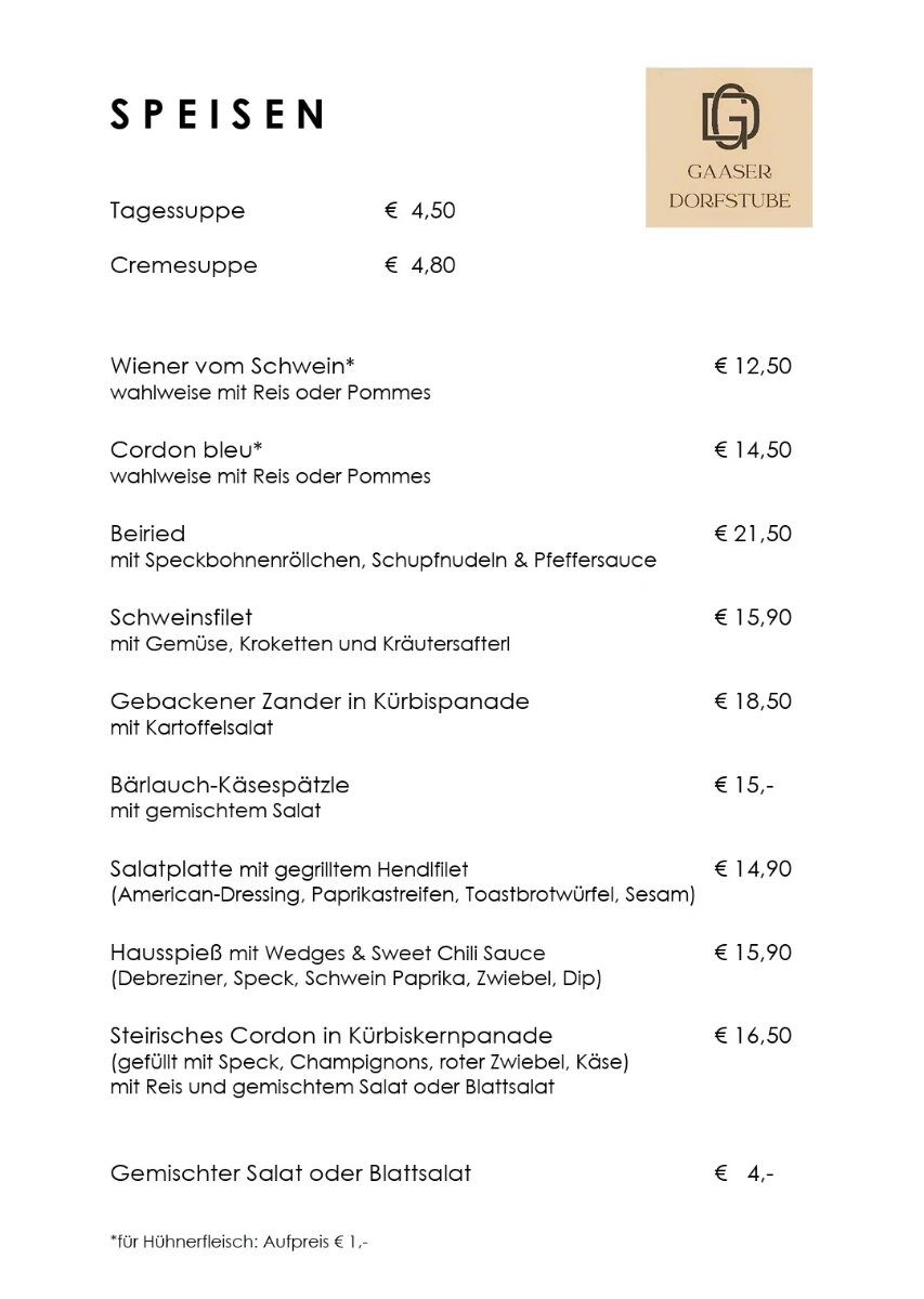 Speisekarte, Gaaser Dorfstube
